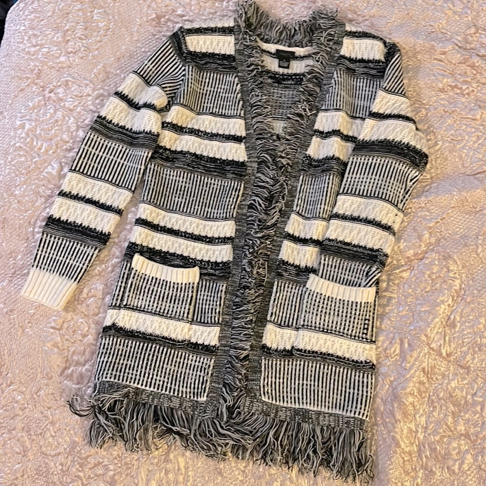 Black and white striped sweater with fringe size M